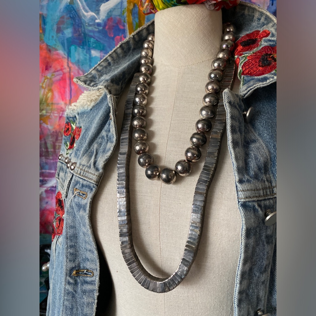 Duo Of Gorgeous Silver Tone Metal Vintage Necklaces From Santa Fe Fashion Art